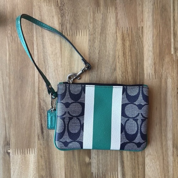 Coach Handbags - Coach Wristlet in Teal and Gray with Signature Pattern